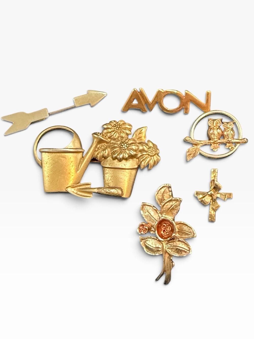 Avon Vintage 6pc Lot Pins & Brooches Gold Tone Owl Floral Logo Arrow Cross
